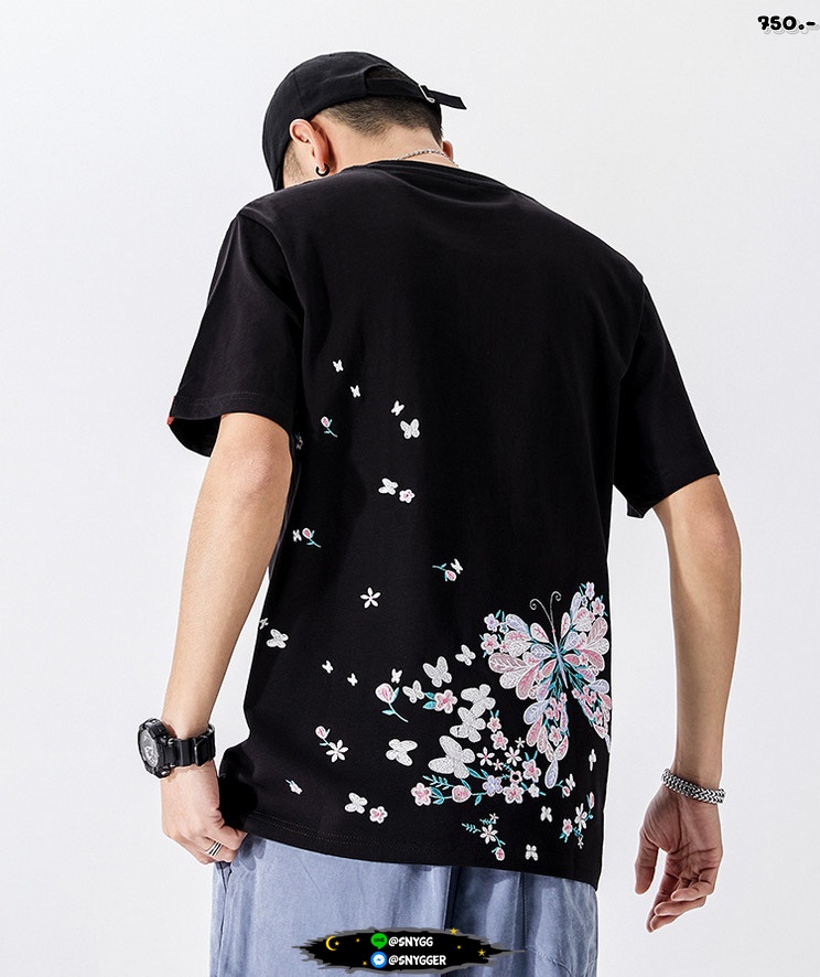 เสื้อยืดปักลายผีเสื้อ ดำ