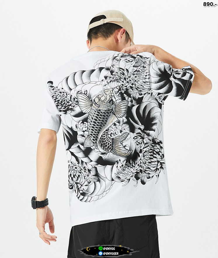 เสื้อยืดสกรีนลาย ปักลายปลาคราฟ สีขาว