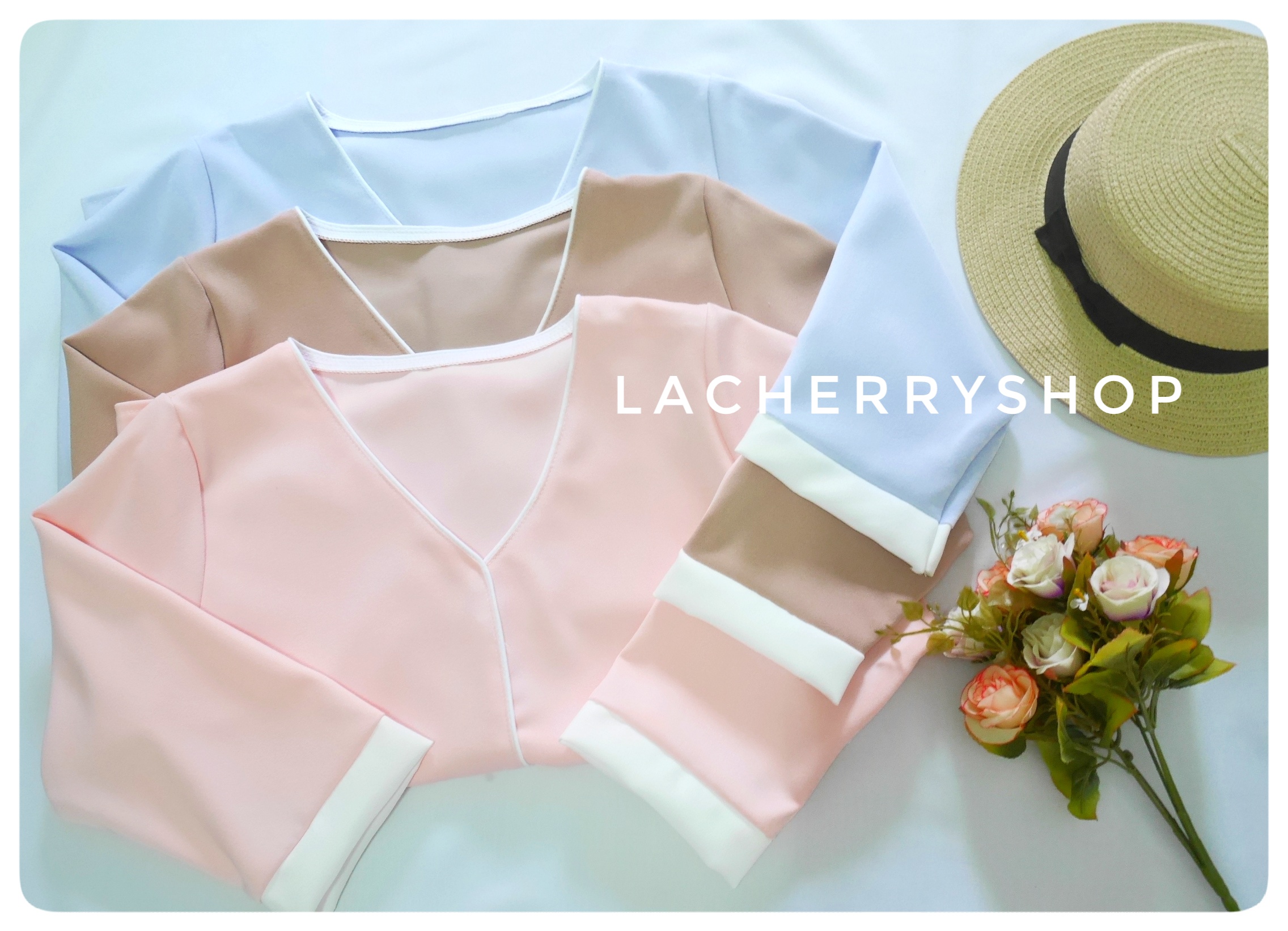 เสื้อแขนสามส่วน (สีม่วง) โทนสีพาสเทล คอวี กุ้นขอบสีตัดทูโทน แบบสวยน่ารักๆ