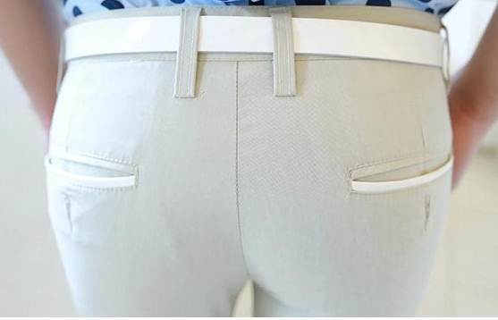 กางเกงสแล็ค 5ส่วน แฟชั่นทรงสลิม กระเป๋าคลิบหนังขาว เอว No.28-29 สีฟ้า