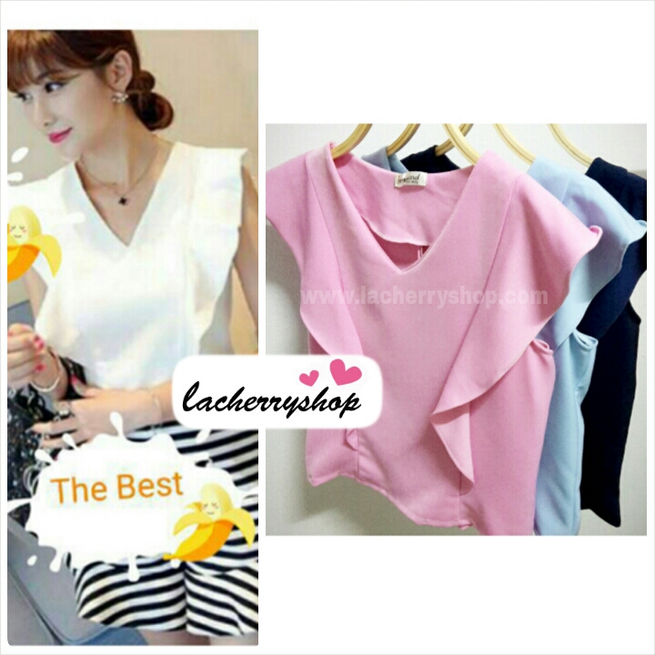 เสื้อแฟชั่น ผ้าฮานาโกะ สีชมพู แต่งระบายอกสวยหวาน สินค้าคุณภาพ ราคาไม่แพง