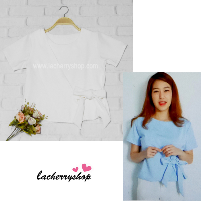 เสื้อผ้าแฟชั่น เสื้อทำงาน สีขาว เอวมัดโบว์เก๋ๆ ผ้าฮานาโกะเนื้อดี แบบสวยน่ารักๆ ใส่ได้ทุกโอกาส คุณภาพดี ราคาไม่แพง