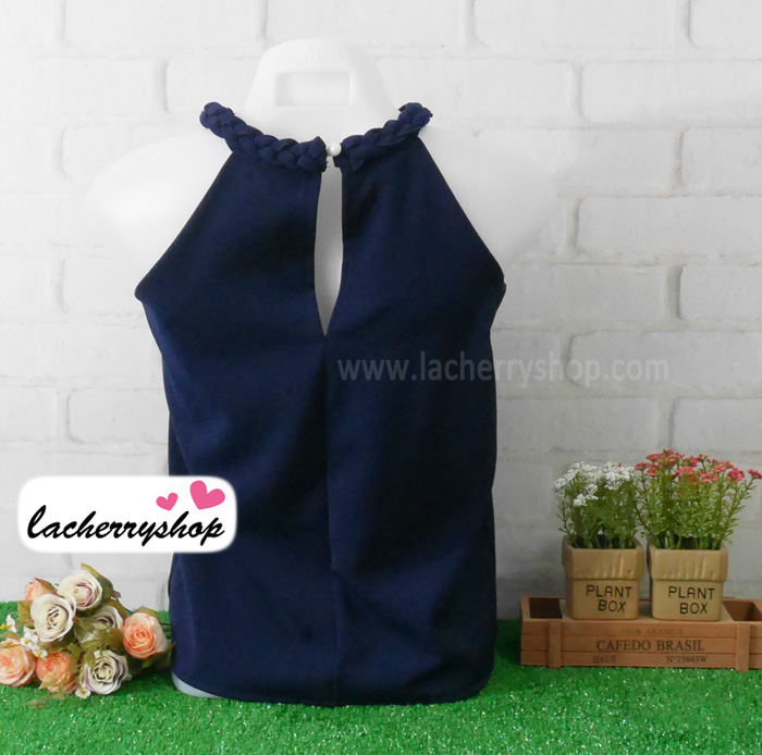 เสื้อแฟชั่นสวยๆ เสื้อทำงาน ผ้าฮานาโกะ สีกรมท่า คอถักเปีย แบบยอดนิยม สวยน่ารักมากๆค่า