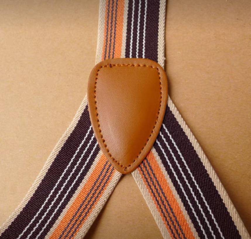 สายรัดกางเกงเอี๊ยม มาตรฐาน 3จุด หนังแท้ กว้าง 3cm แบบ Y กากีอ่อน น้ำตาลลาย