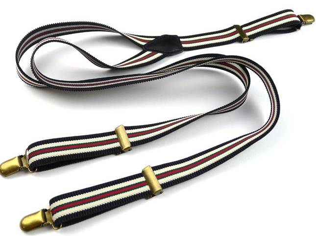 สายรัดกางเกงเอี๊ยม ลายทาง สายยืดหยุ่น คลิบ หัวทองเหลือง กว้าง 2.5cm แบบ Y สีน้ำตาล ดำ