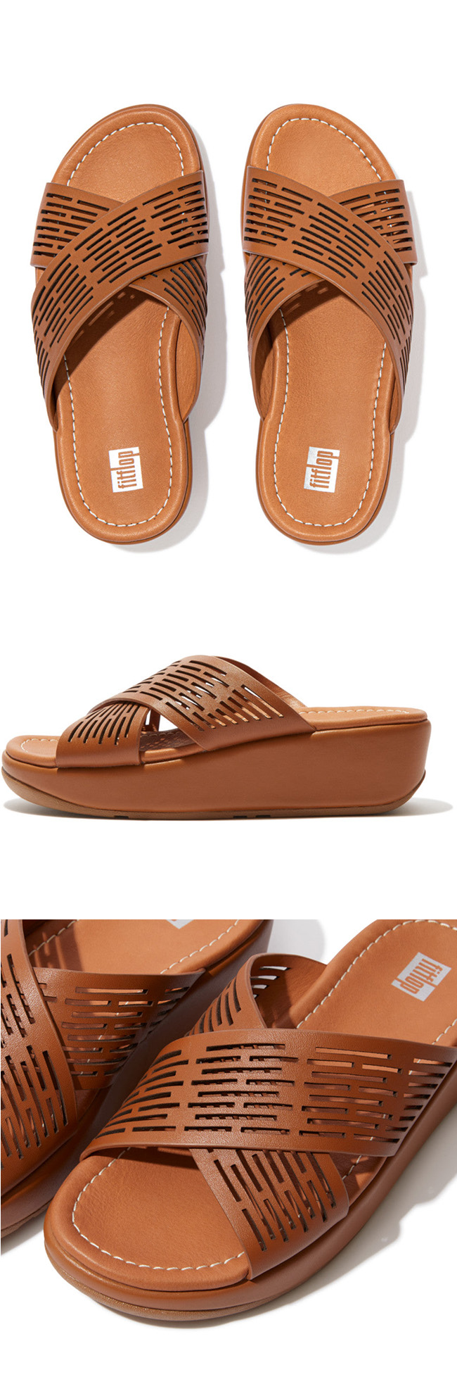 US6 : Fitflop Lulu Sleek Laser-Cut Slide Light Tan ของแท้ นำเข้าจาก USA และ UK