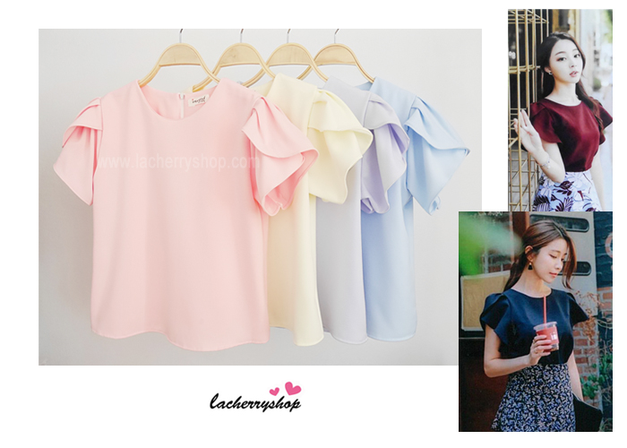 เสื้อผ้าแฟชั่นสวยๆ เสื้อทำงาน ทรงแขนกลีบบัว สีเหลือง ผ้าฮานาโกะ แบบสวยหวานๆสไตล์เกาหลี