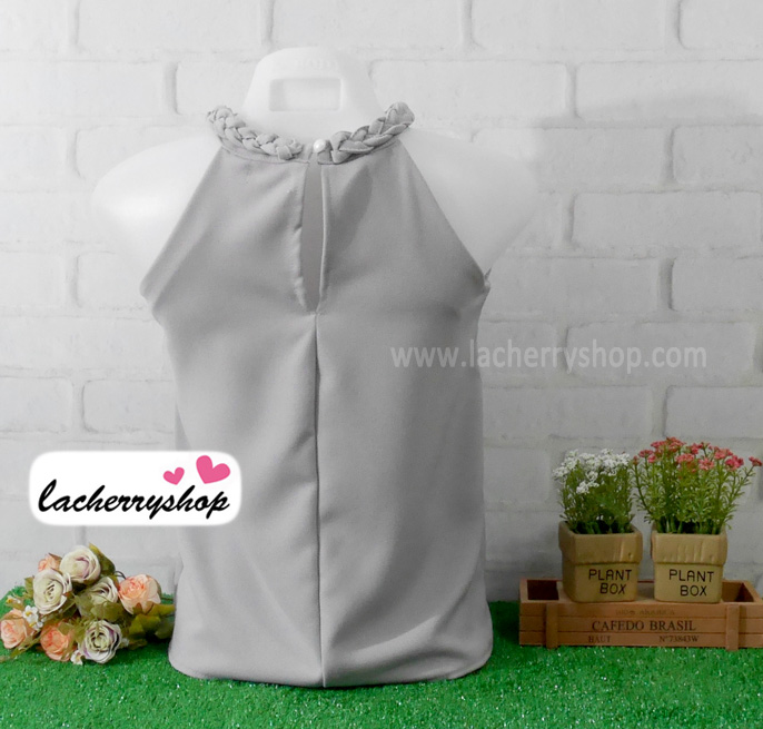 เสื้อแฟชั่นสวยๆ เสื้อทำงาน ผ้าฮานาโกะ สีเทา คอถักเปีย แบบยอดนิยม สวยน่ารักมากๆค่า