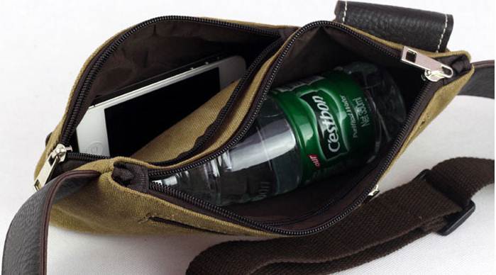 กระเป๋าวินเทจ คาดเอว คาดอก 2 ช่อง แต่งซิบโค้ง ผ้าใบ สีกากี เขียว