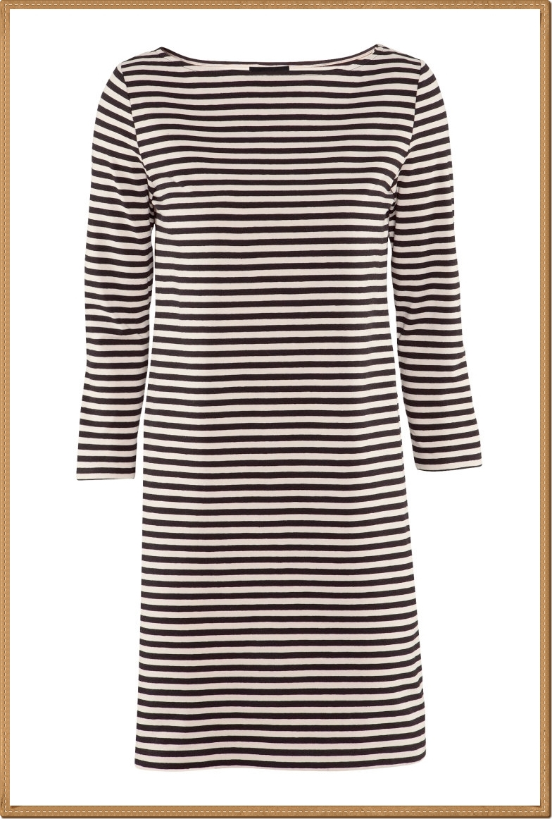 * H&M - เดรสลายขวางขาว-ดำ คอปาด แขนสามส่วน