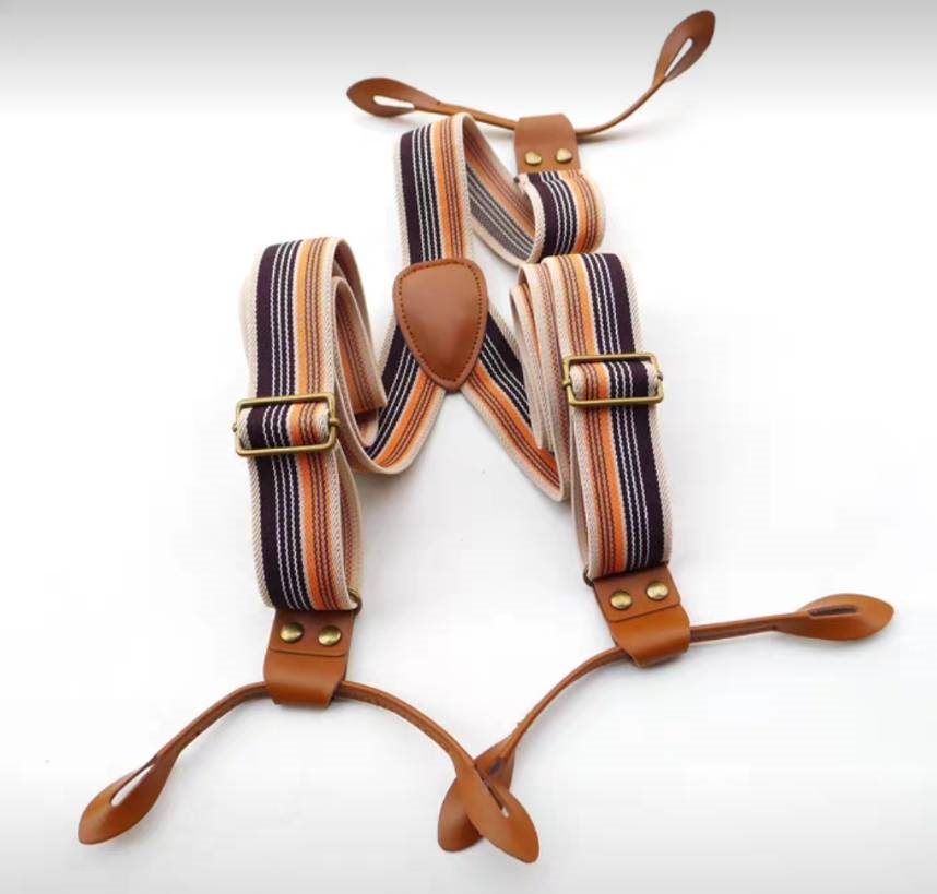 สายรัดกางเกงเอี๊ยม มาตรฐาน 6จุด หูคู่หนังแท้สีน้ำตาล กว้าง 3cm แบบ Y ขาวแดงน้ำเงิน น้ำตาลลาย