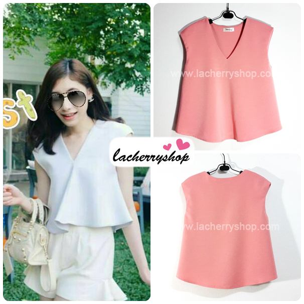 เสื้อแฟชั่นผ้าฮานาโกะ เสื้อทำงาน สีโอรส คอวี ชายเสื้อพริ้ว สวยหวาน สินค้าคุณภาพ ราคาไม่แพง