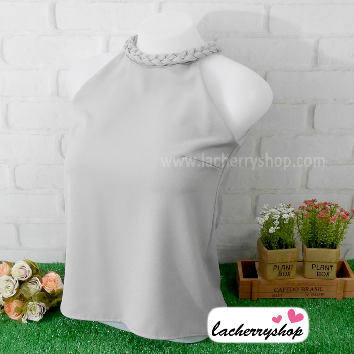 เสื้อแฟชั่นสวยๆ เสื้อทำงาน ผ้าฮานาโกะ สีเทา คอถักเปีย แบบยอดนิยม สวยน่ารักมากๆค่า