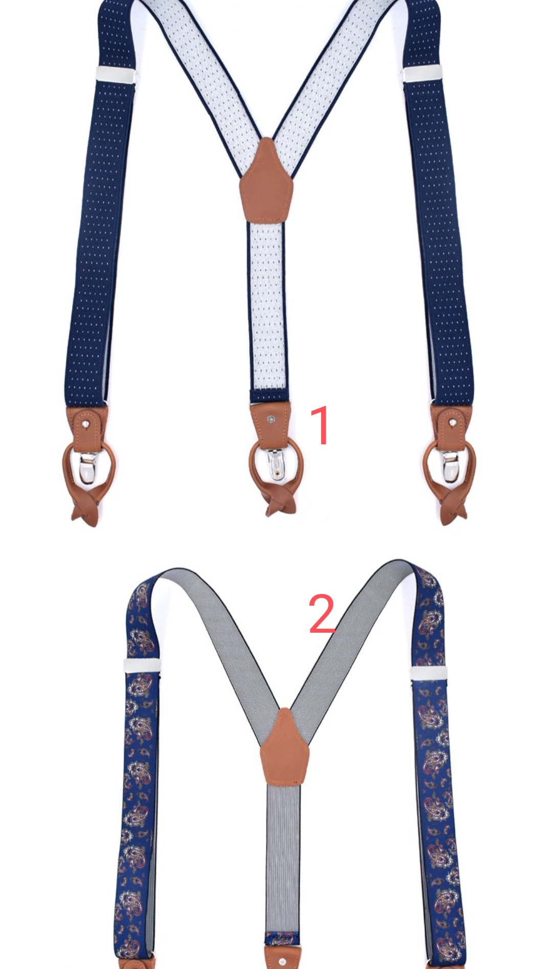 สายรัดกางเกงเอี๊ยม มาตรฐาน 3จุด หูคู่ ตัวรัดยึดได้แบบคลิบ หรือ กระดุมไม่เป็นสนิม แบบ Y กว้าง 3.5cm แบบหูคู่พร้อมคลิบ2สไตล์ หนังน้ำตาลแท้ สี น้ำเงิน น้ำตาล น้ำตาลล้วน แดง ขาว เนื้อ ดำ เทา คละสี