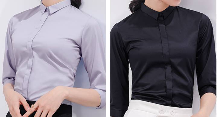 เล็กใหญ่พิเศษ!!เสื้อเชิ้ตคอปกเล็ก แขนสามส่วน ผู้หญิง เข้ารูป ซ่อนกระดุม size No.32-44 สีขาว ดำ น้ำเงิน เทา ฟ้า แบบปกเหลี่ยม ปกตัด