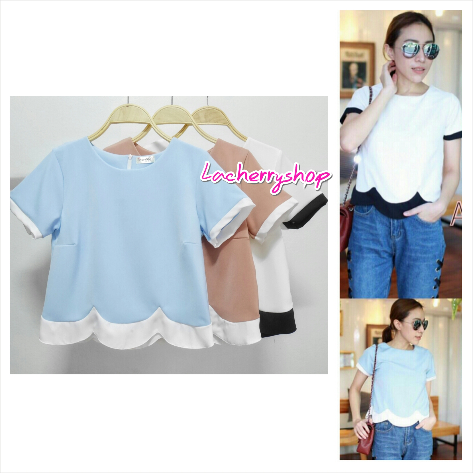 เสื้อแฟชั่น เสื้อทำงาน ผ้าฮานาโกะ สีฟ้า แบบสวยน่ารัก สีทูโทน เอวหยัก เนื้อผ้านิ่ม อยู่ทรง ไม่ยับง่าย ใส่สบาย สินค้าคุณภาพ ราคาไม่แพง