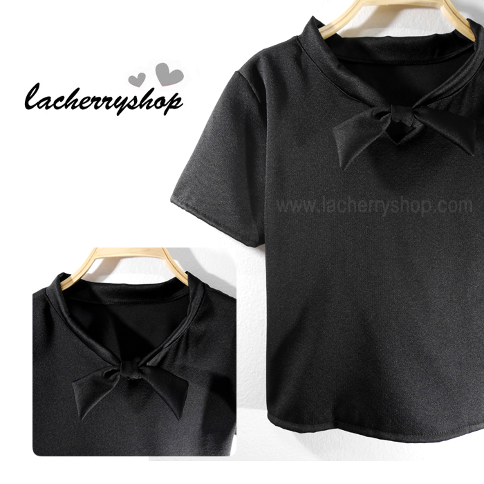 เสื้อแฟชั่น เสื้อสีดำ แบบสวยผูกโบว์ที่คอน่ารักๆ สินค้าคุณภาพ ราคาไม่แพง
