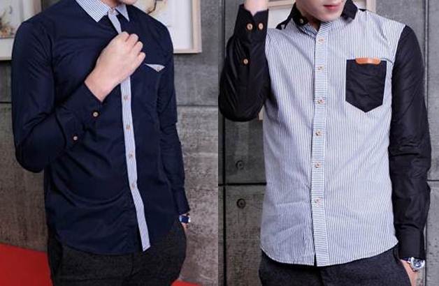 เสื้อเชิ้ตแขนยาวทูโทน แฟชั่น ลายทาง แต่งกระเป๋าคลิบหนัง สีดำ No.36