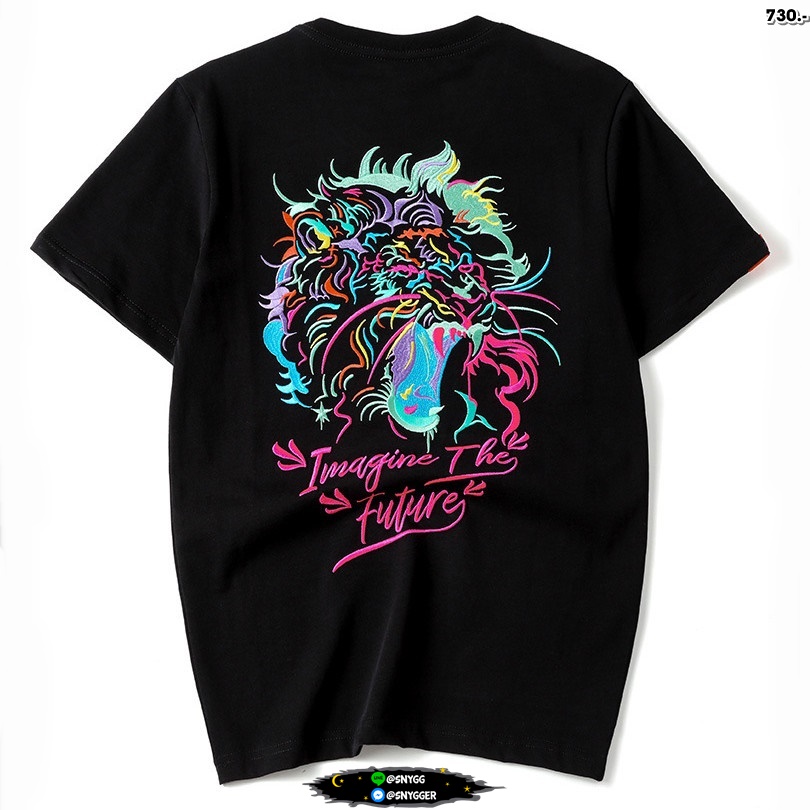 เสื้อยืดปักลายสิงโต สไตล์ญี่ปุ่น สีดำ