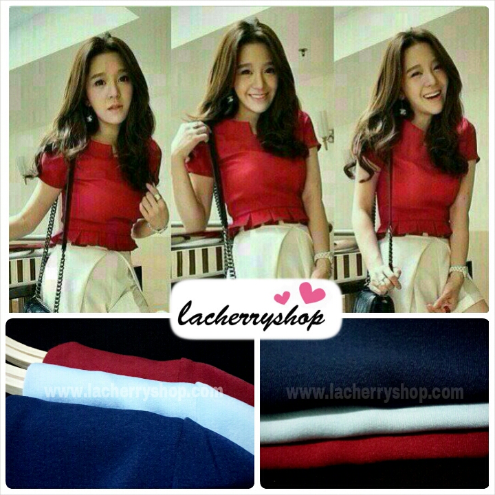 เสื้อแฟชั่น ผ้าฮานาโกะ สีแดง แต่งระบายเอวน่ารักๆ สินค้าคุณภาพ ราคาไม่แพง