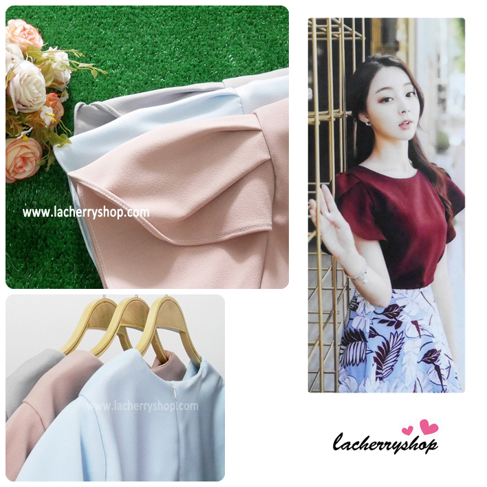 เสื้อผ้าแฟชั่นสวยๆ เสื้อทำงาน ทรงแขนกลีบบัว สีนู้ด ผ้าฮานาโกะ แบบสวยหวานๆสไตล์เกาหลี