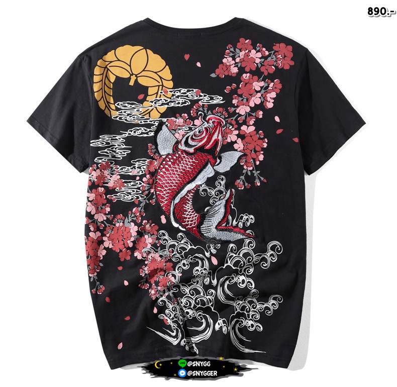 เสื้อยืด สกรีนลาย+ปักลายปลาคราฟแดง สีดำ
