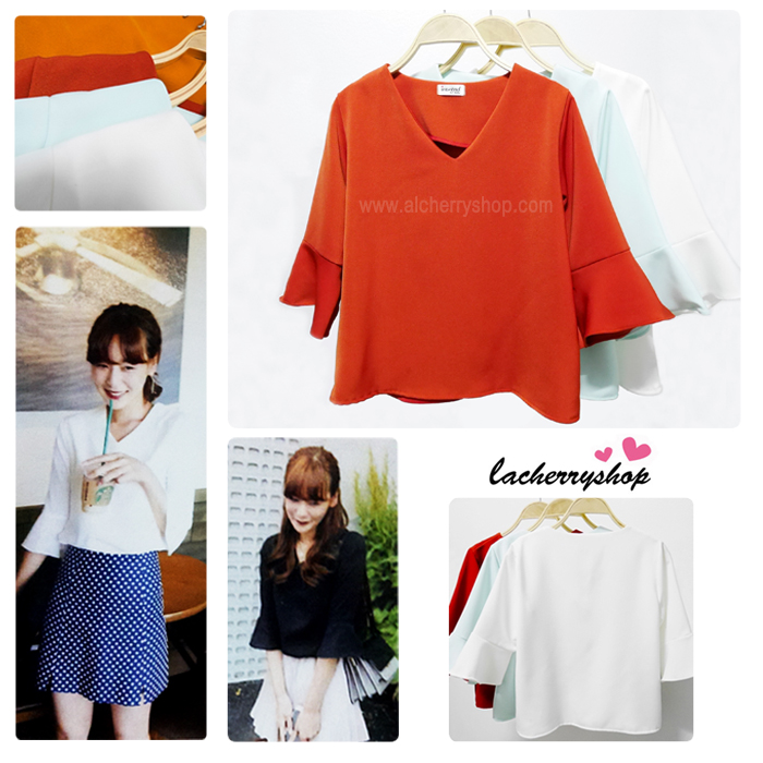 เสื้อแฟชั่น เสื้อทำงาน ผ้าฮานาโกะ สีขาว คอวี แขนสามส่วน แบบเรียบหรู เนื้อผ้า อยู่ทรง ใส่สบาย ไม่ยับง่าย สินค้าคุณภาพ ราคาไม่แพง