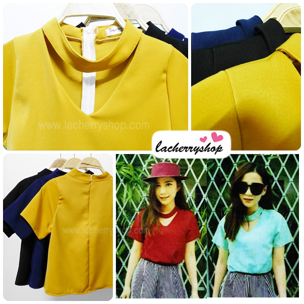 เสื้อแฟชั่น ผ้าฮานาโกะ สีเหลืองมัสตาร์ด ทรงสวย แต่งสายรัดคอเก๋ๆ เนื้อผ้า อยู่ทรง ใส่สบาย ไม่ยับง่าย สินค้าคุณภาพ ราคาไม่แพง