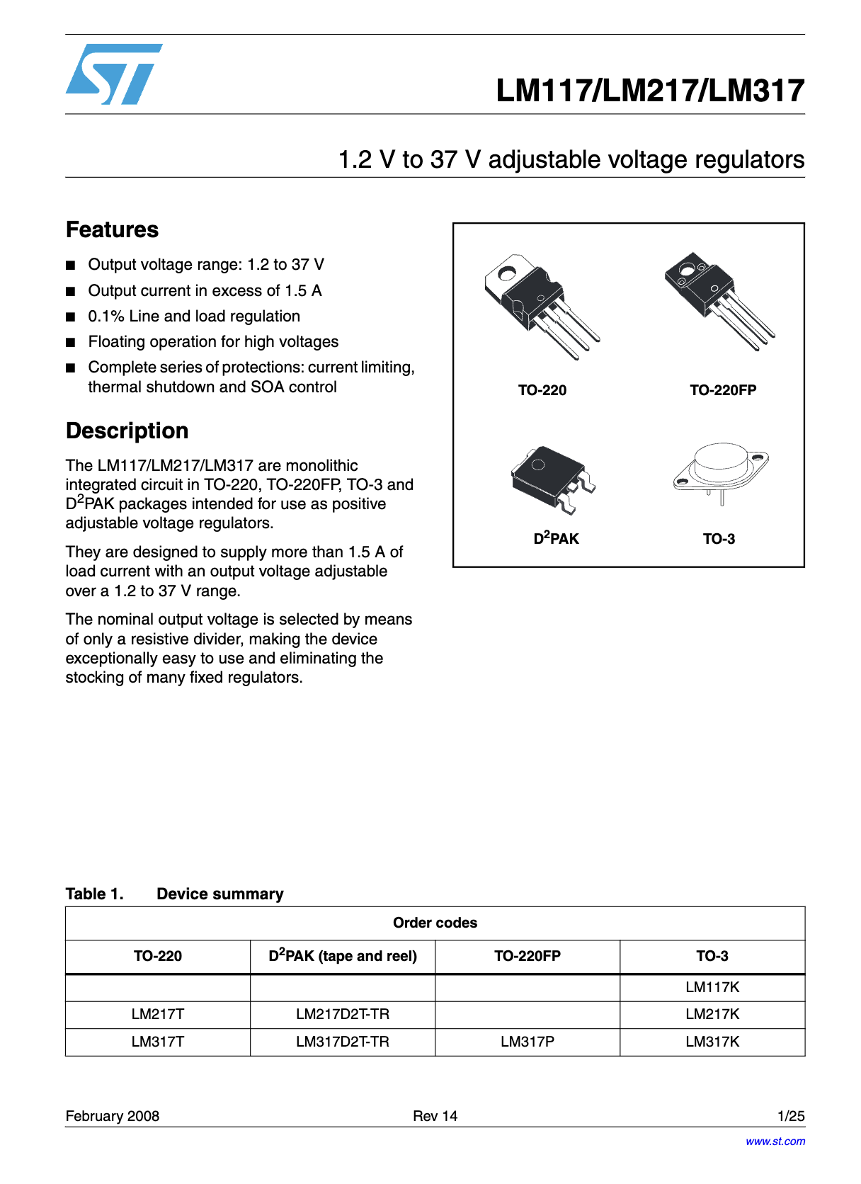 (1ตัว) [IC] LM317 LM317T ST 1.2 V to 37 V adjustable voltage regulators