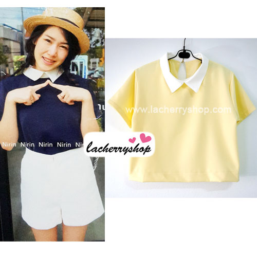 เสื้อแฟชั่น เสื้อทำงาน ผ้าฮานาโกะ สีเหลือง พาสเทล สดใส คอปกเก๋ๆ แบบยอดนิยม สินค้าคุณภาพ ราคาไม่แพง