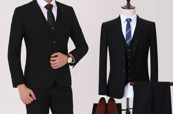 ชุดสูทงานแต่ง ชุดไปงานแต่งชาย กางเกงสไตล์อังกฤษ สลิมฟิต ปกเปิดมาตรฐาน กระดุม1-2เม็ด สีน้ำเงิน ดำ เทาSize No.34 36 38 40 42 44 46