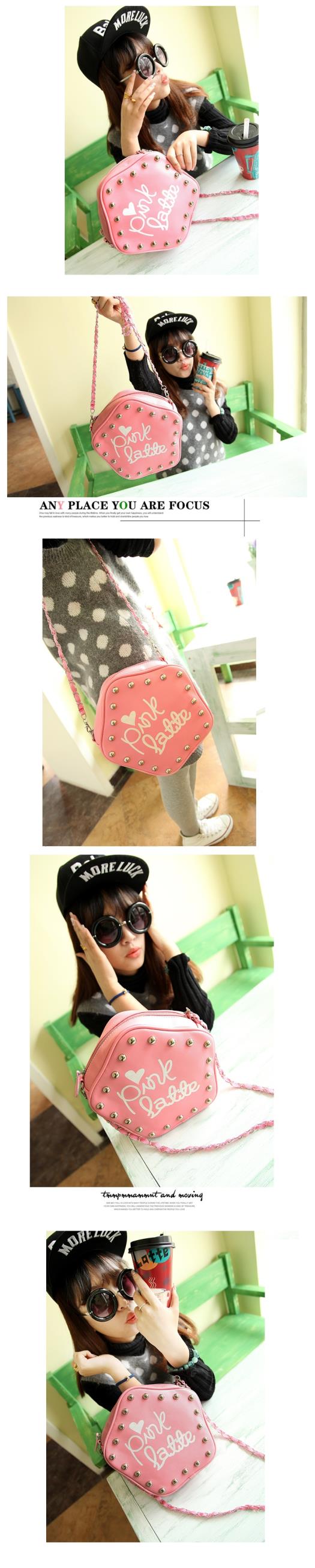 กระเป๋าแฟชั่น Pink Latte สีชมพู ทรงดาว หนัง PU แต่งหมุด สายโซ่สีเงินเก๋ๆ สามารถปรับขนาดได้ ((โปรโมชั่นส่งฟรี))