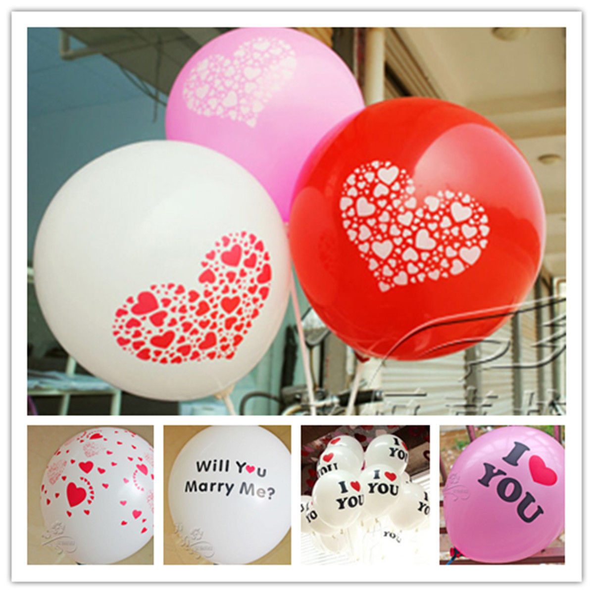 ลูกโป่งกลมนำเข้า พื้นขาว พิมพ์ลายหัวใจแดง ไซส์ 12 นิ้ว แพ็คละ 10 ใบ ( Heart Printing Balloon - White/Red Color )