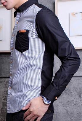 เสื้อเชิ้ตแขนยาวทูโทน แฟชั่น ลายทาง แต่งกระเป๋าคลิบหนัง สีดำ No.36