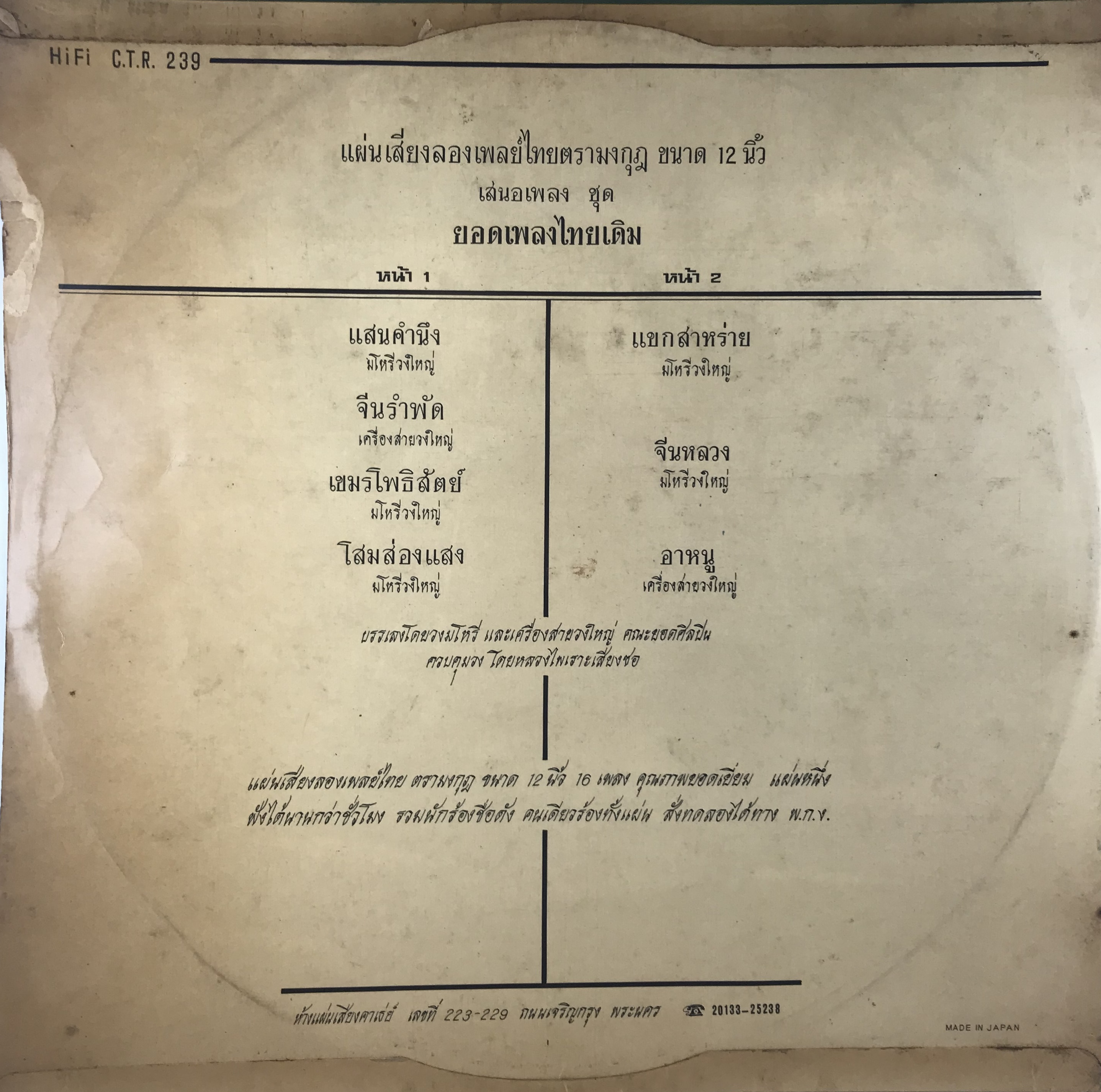 LP มโหรีวงใหญ่ - แขกสาหร่าย ปก VG ++ แผ่น VG++