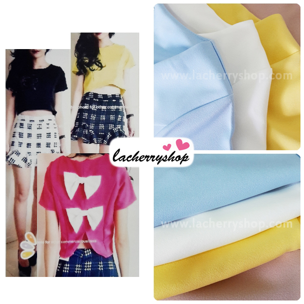เสื้อแฟชั่น ผ้าฮานาโกะ สีเหลือง แบบน่ารักๆ มีโบว์ด้านหลัง เนื้อผ้านิ่ม อยู่ทรง ไม่ยับง่าย ใส่สบาย สินค้าคุณภาพ ราคาไม่แพง