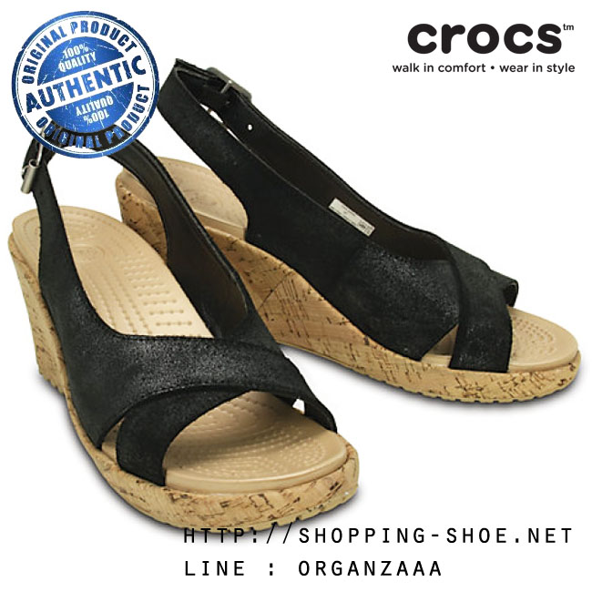 Crocs Women’s A-Leigh Shimmer Leather Wedge - Black Shimmer ของแท้ Outlet ไทยและอเมริกา