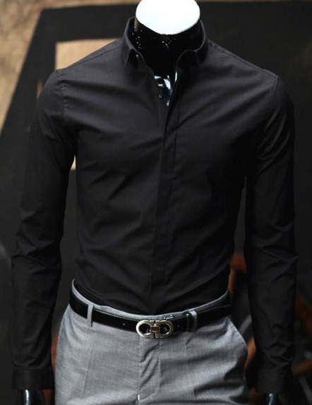 เสื้อเชิ้ตแขนยาว กระดุมซ่อน สาปปิดกระดุม ทรงฟิต ปกเล็กสไตล์อังกฤษสีขาว ดำ No. 40 42 44