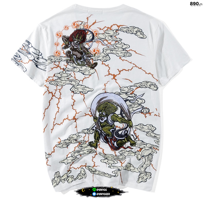 เสื้อยืด สกรีนลาย+ปักลายFUJIN RAIJIN ขาว