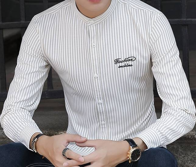 เสื้อเชิ้ตคอจีนแขนยาว แฟชั่นลายทาง Size No.34 36 38 40 42 สี เขียว ดำ ชมพู เหลือง