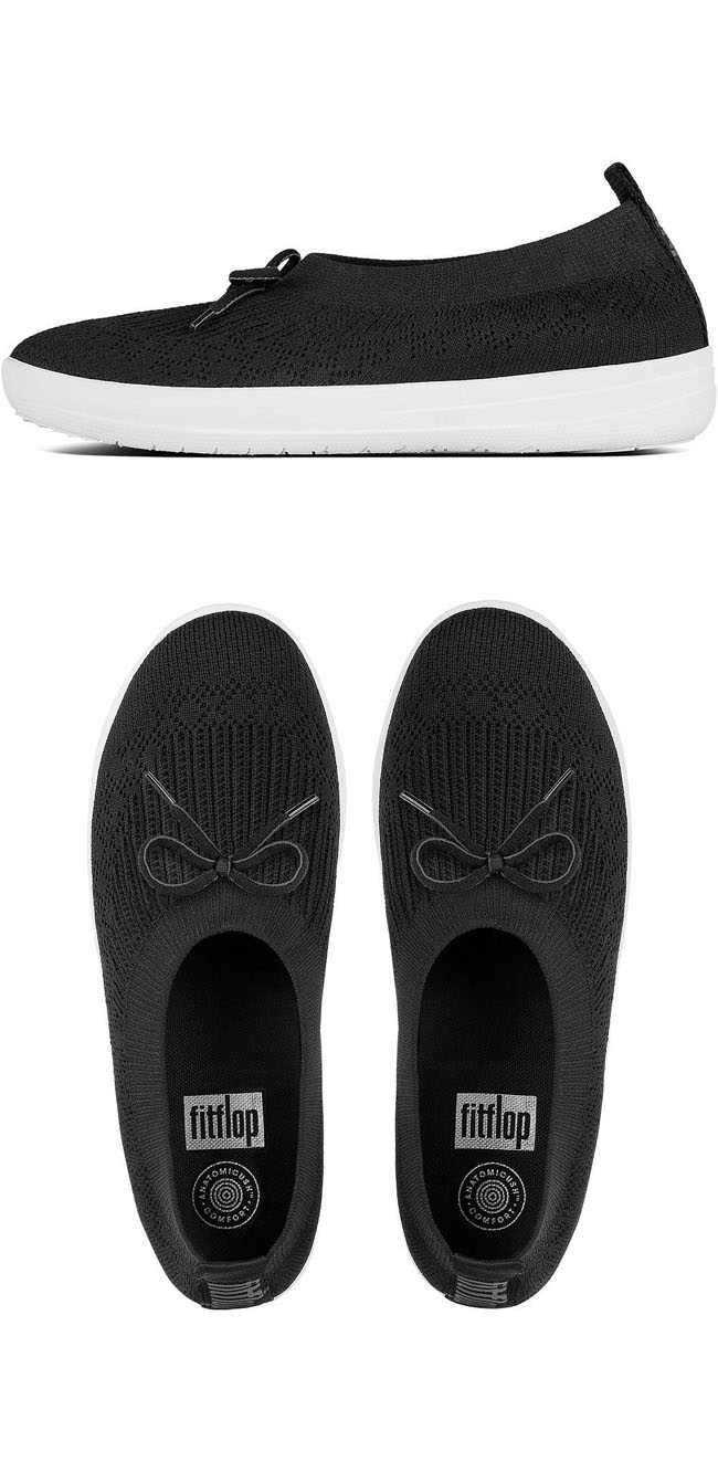 Fitflop Uberknit Slip On Ballerina With Bow All Black ของแท้ นำเข้าจาก USA และ UK