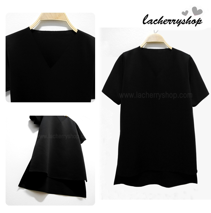 เสื้อแฟชั่น ตัวยาว มินิเดรส คอวี สีดำ แบบสวยเรียบหรู แต่งดีไซน์ด้านหน้าสั้น ด้านหลังยาว ใส่ได้หลายโอกาส สินค้าคุณภาพ ราคาไม่แพง