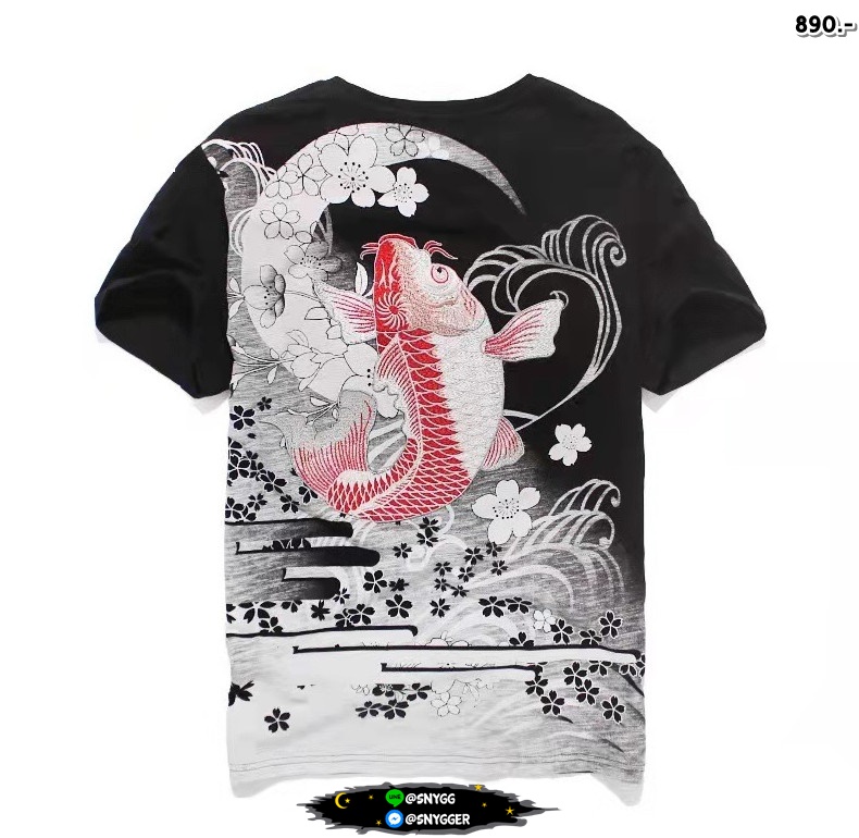 เสื้อยืด สกรีนลาย+ปักลายปลาคราฟ สีดำ