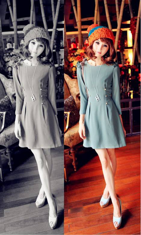 SALE//SALE (ส่งฟรี) 91PF ชุดเดรส สไตล์เกาหลี สีฟ้า แขนสามส่วน แต่งไหล่น่ารักๆเป็นหยักๆ ปักหมุดสีทองด้านหน้า มีสายมัดเอว แบบสวยเรียบหรู สินค้าคุณภาพดี