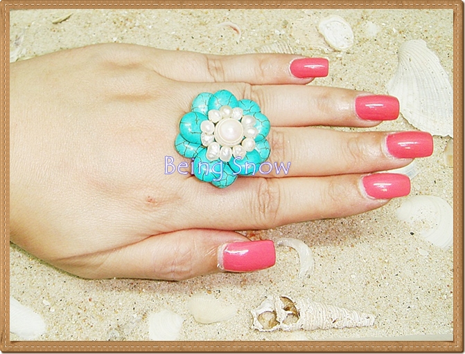 แหวนดอกไม้ - หินเทอร์ควอยซ์กลีบทรงหยดน้ำ 2 ชั้น + เกสรมุก