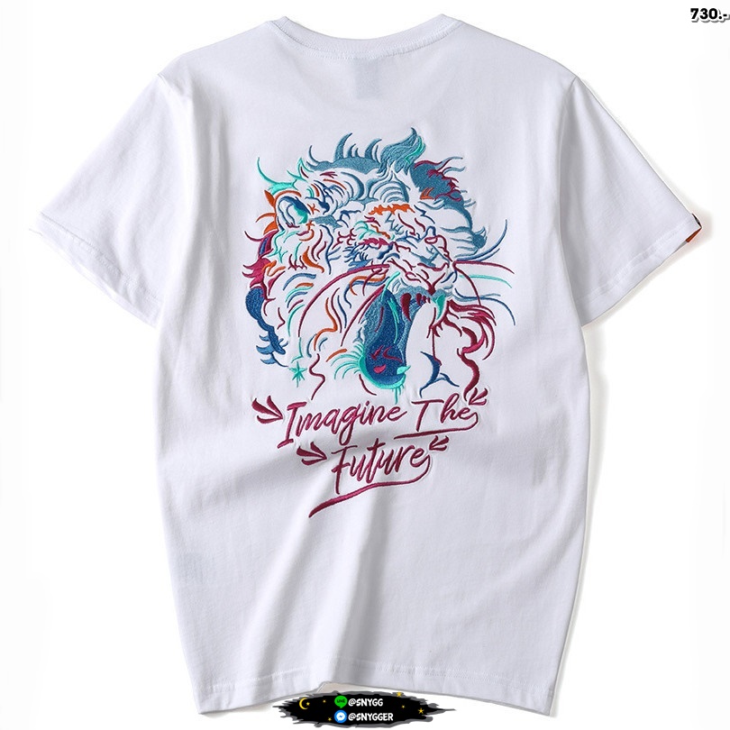 เสื้อยืดปักลายสิงโต สไตล์ญี่ปุ่น สีขาว