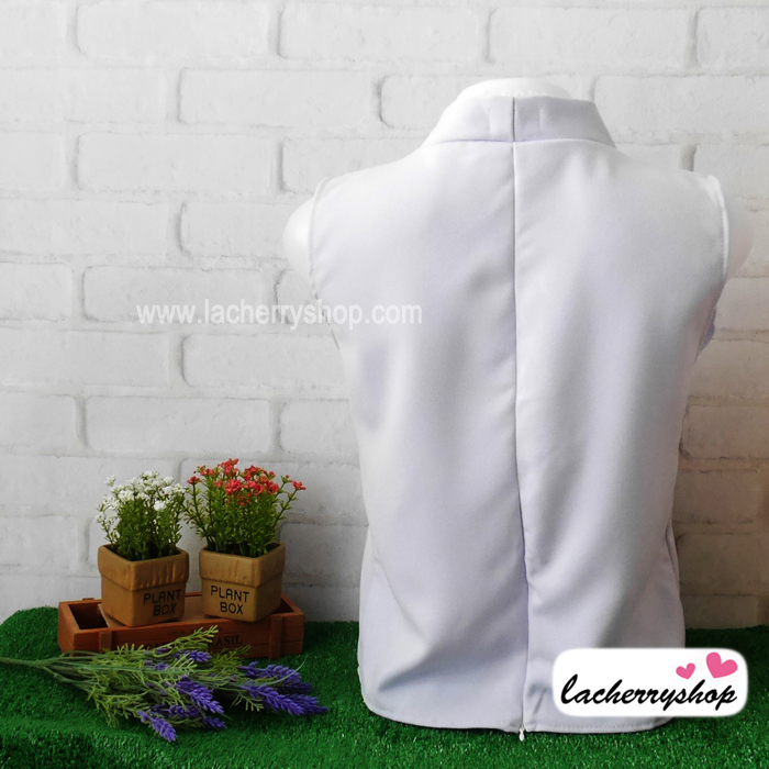 เสื้อผ้าแฟชั่น เสื้อทำงาน ผ้าฮานาโกะ สีฟ้าอ่อน แขนกุด จับจีบช่วงไหล่แต่งทรง สวยเรียบหรู ใส่ได้ทุกโอกาส