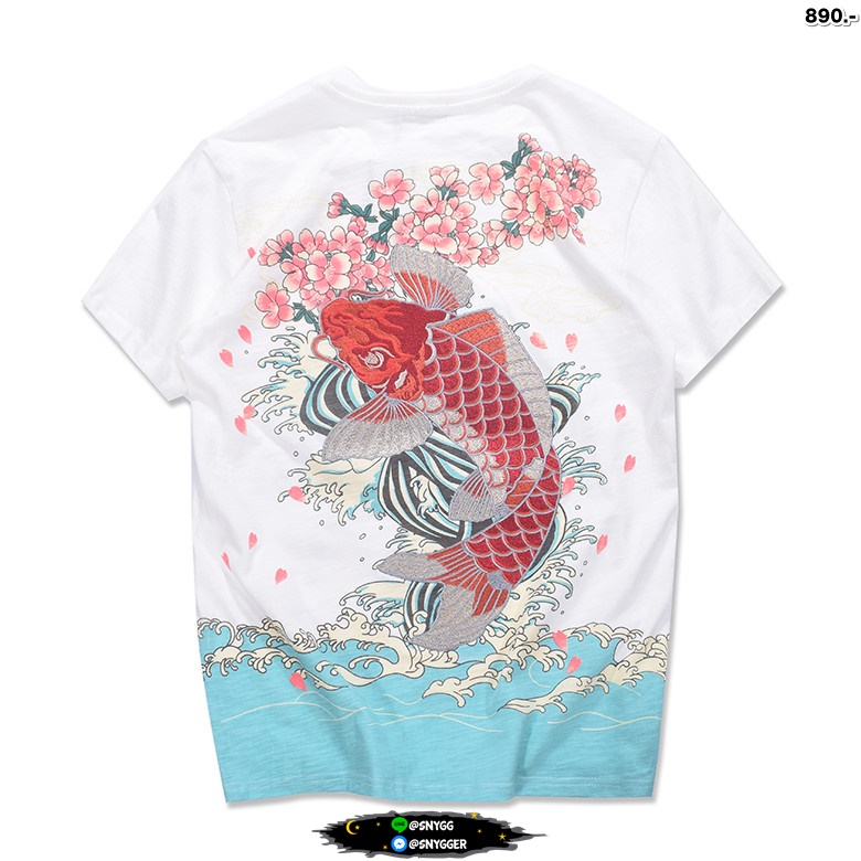 เสื้อยืด สกรีนลาย+ปักลายปลาคราฟแดง ขาว