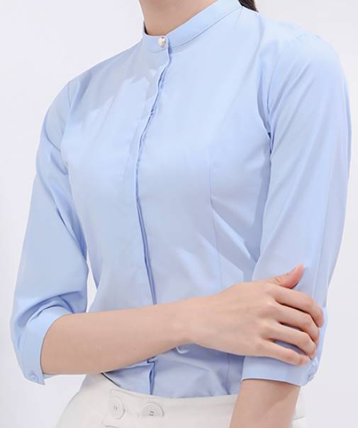 เล็กใหญ่พิเศษ!!เสื้อเชิ้ตคอจีน แขนสามส่วน ผู้หญิง เข้ารูป ซ่อนกระดุม size No.32-44 สีขาว ฟ้า