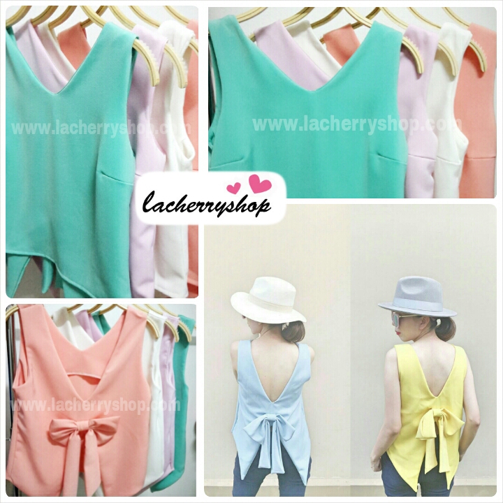 เสื้อแฟชั่น ผ้าฮานาโกะ สีพาสเทล โอรส แขนกุด ผูกโบว์ด้านหลัง แบบสวยน่ารัก สินค้าคุณภาพ ราคาไม่แพง